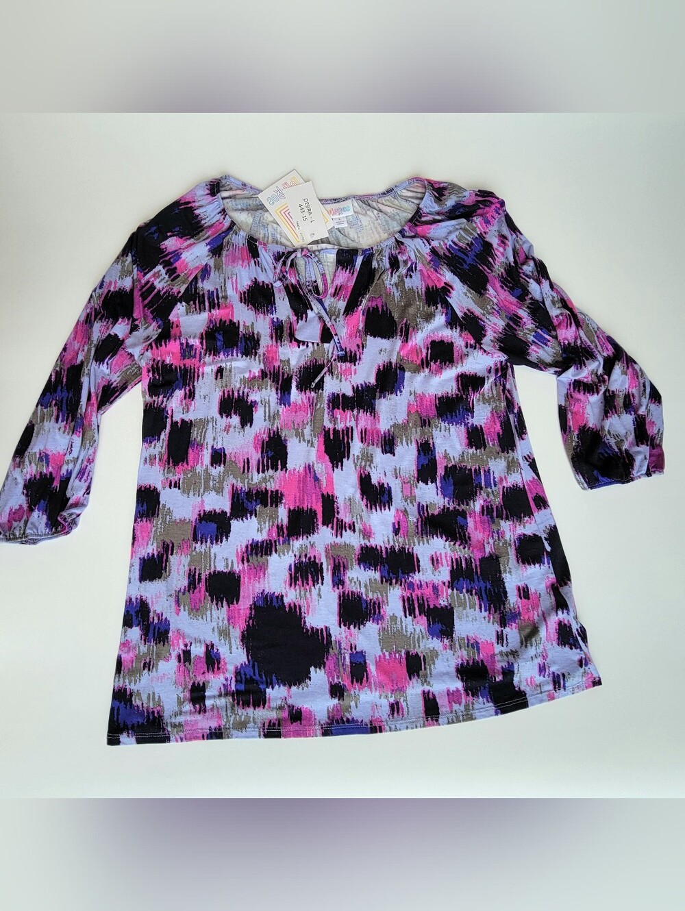 LuLaRoe Debra Women's Large Peasant Blouse 3/4 Sleeve Blue Abstract NWT